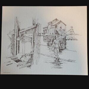 Vintage Rustic Logging Mill Scene Sketch Print by Clif Hadfield 1978